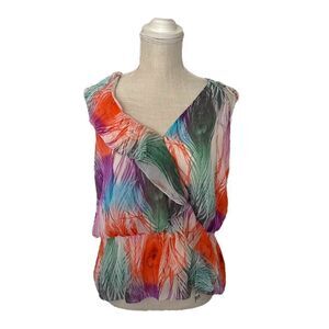 Anthropologie Leifsdottir Silk Ruffled Hera Boho Peacock Feather Top Size 6